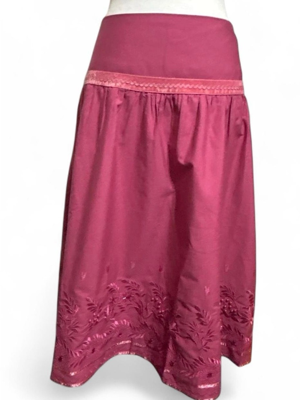 Vintage Y2K Deadstock J2D 100% Silk Embroidered Midi Skirt Pink Berry